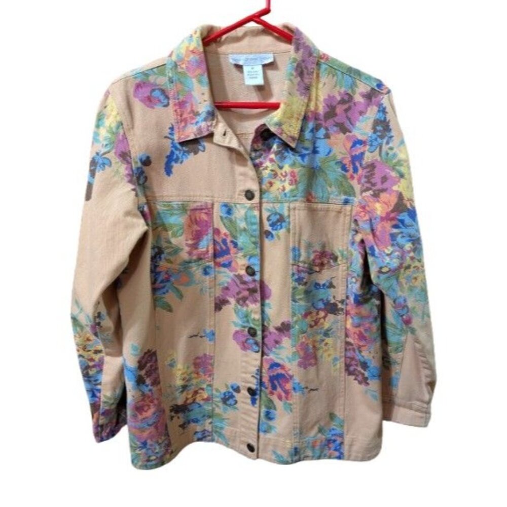 SUSAN GRAVER Style Floral Print Denim Jean Jacket Women’s Size M Tan VTG